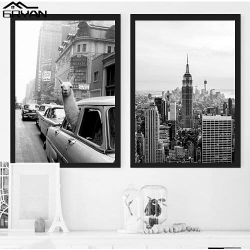 Black & White Animal Alpaca Llama Wall Art Canvas Prints Painting New York Architecture Poster Bedroom Retro Decoration Picture