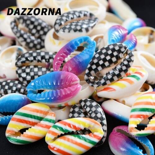 Colorful Printing Lattice Pattern Natural Shell Beads 10Pcs Loose Beads For DIY Jewelry Making Necklace Bracelet Accessories