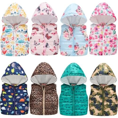 Kids Winter Clothes Baby Boys Cartoon Dinosaur Vest Girls Flower Printed Hooded Vest Keep Warm Thicken Toddler Vest Waistcoat