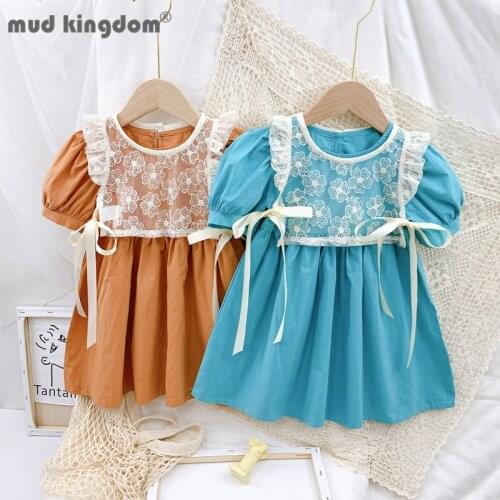 Mudkingdom Cute Princess Dress for Girls Lace Smock Bow Solid Short Puff Sleeves Dresses for Toddler Summer Casual Kids Clothes