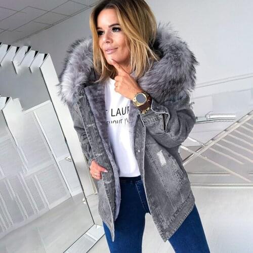 Denim Blue Jackets Women 2021 Winter Thick Warm Faux Fur Hooded Pockets Coats Ladies Plus Size Coats Female Vintage Outwear