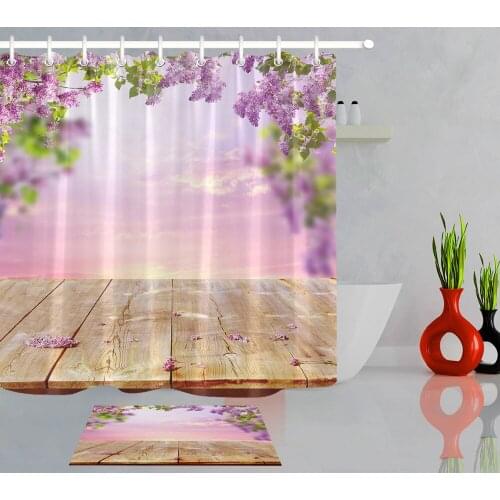 Purple Fairy Shower Curtain Flower Wooden Table Set Bathroom Accessories Curtain Fabric Waterproof Polyester Cloth Bathtub Decor