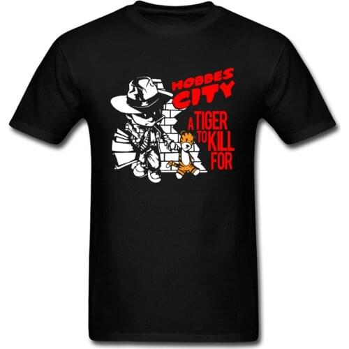 Comic Men Black Tshirt Tiger Hobbes City 100% Cotton Top T-shirts For Students Slim Fit Fitness Tops Tees Rife Summer