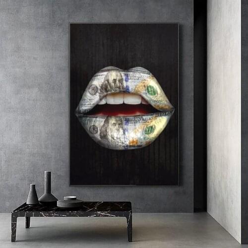 Graffiti Art Money on Mouth Inspirational Canvas Art Posters And Prints Lips Canvas Paintings Street Wall Art Picture Home Decor