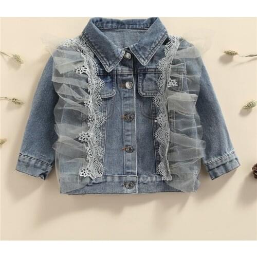 Children Girls Spring Autumn Coat, Gauze Stitching Shirt-Collar Long Sleeve Button-Open Denim Jacket, 2-8 Years