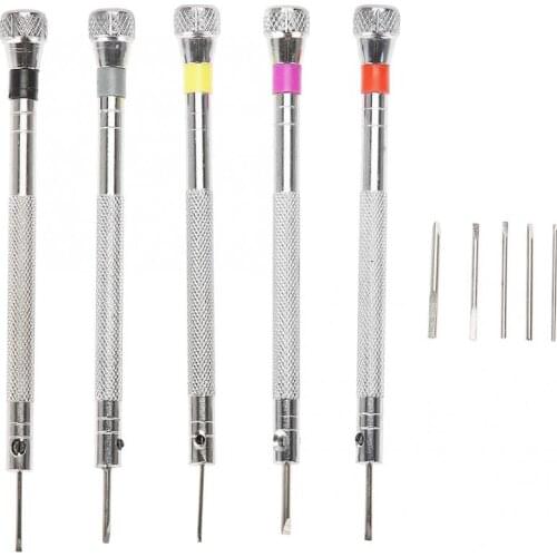 5Pcs 0.8-1.6mm Steel Precision Screwdriver Kit with 5 SPare Heads Bits Watch Jewelry Glasses Screws Remover Watch Repair Tool