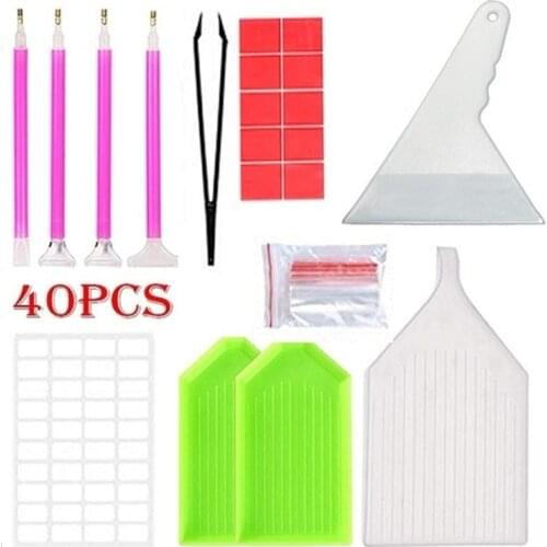 Diamond Painting Tools Kits 40-in-one with Glue-Pudding Point-Pen Stickers Storage Bag Pan Corrector etc for Diamond Painting