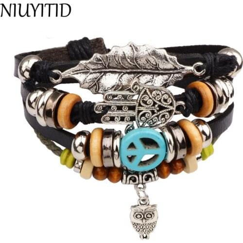 NIUYITID Owl Bracelet For Men Women Leather Jewelry Turkish Eye Bracelet Stone Pulseras Hombre Dropshipping