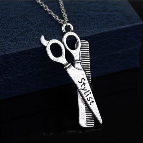 New Fashion Barber Scissor Comb Stylist Pendants Round Cross Chain Short Long Mens Womens Silver Color Necklace Jewelry Gift