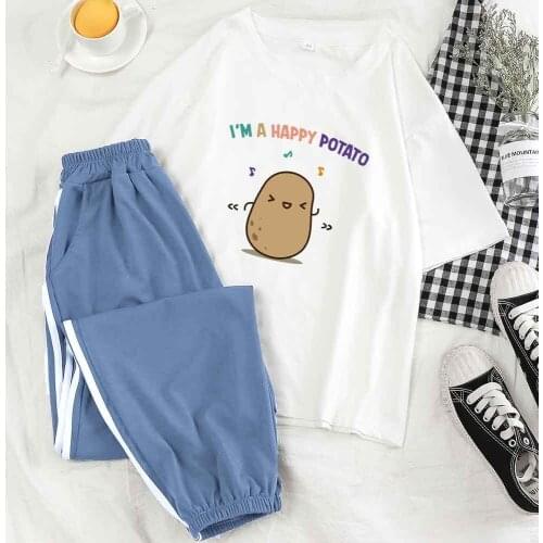 Pjamas for Women Cute Sleep Tops Night Nightwear Sleepwear Ladies Kawaii Pajamas 2 Piece Loungewear Set Letter Potato Printed