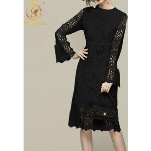 SMTHMA New Spring Women Flare Sleeves Lace Hollow Out Dresses Female Elegant Slim Tie Up Vestido Da Festa