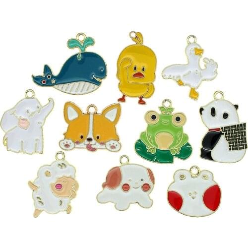 10pcs/lot Whale Little Yellow Duck Goosey Elephants Dog Frog Panda Sheep Bear Cute Enamel Animal Charms For DIY Jewelry Making