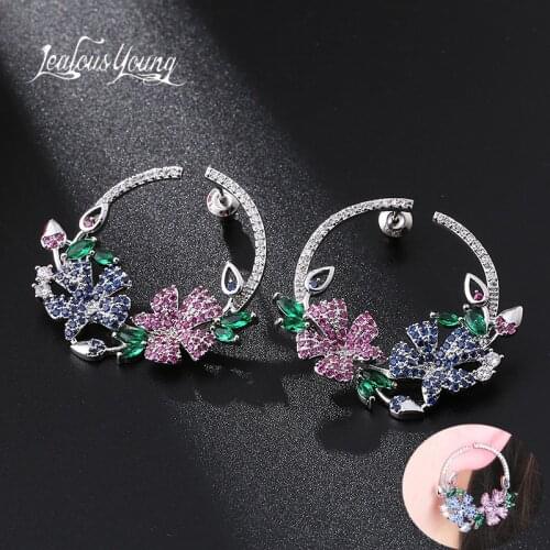 Luxury Flower Cubic Zircon Crystal CZ Round Stud Earrings for Women African Big Bridal Earrings Studs Jewelry Gift Accessories