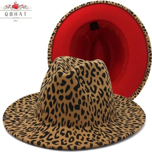 QBHAT 2021 Wide Brim Leopard Red Bottom Fedora Ladies Wool Felt Hat Women Men Party Trilby Jazz Church Hats Patchwork Panama Cap