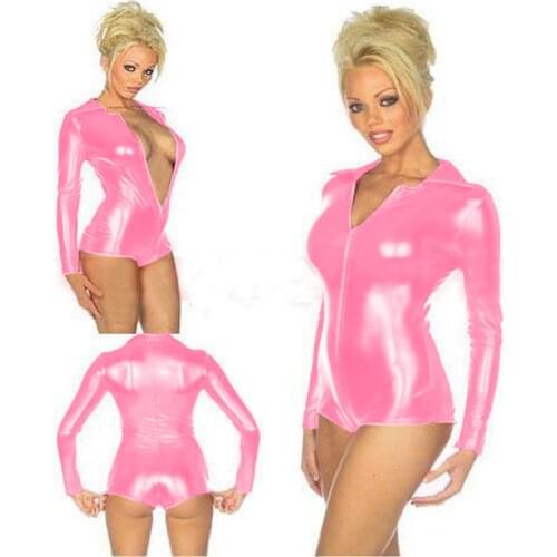 Stretch Shiny Metallic Women Long Sleeve Bodysuit Wet Look Front Zipper Skinny Jumpsuit Nightclub Party Pole Dance Short Catsuit