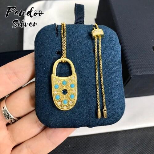 High Quality S925 Sterling Silver Jewelry 1:1 Copy,Yellow Silver Blue Stone Lock Pendant Adjustable Necklace For Women GiFT