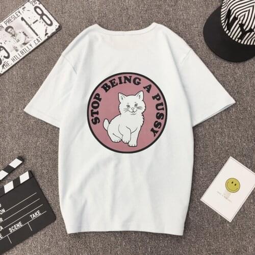 White Cat Circle Women Top T-Shirt Summer Fashion Casual Wear Chic DZA140