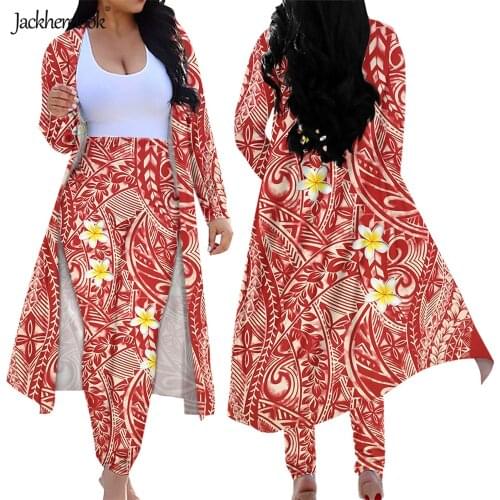 Jackherelook Womens Two Piece Outfits Red Polynesian Tribal Hibiscus Floral Print Cardigan Skinny Long Pants Casual Sweatsuit