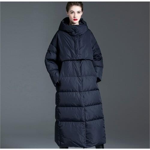 Winter slim down jacket hooded woman 90% white duck down thicken coat ladies oversize down coats hooded women overcoat Navy blue