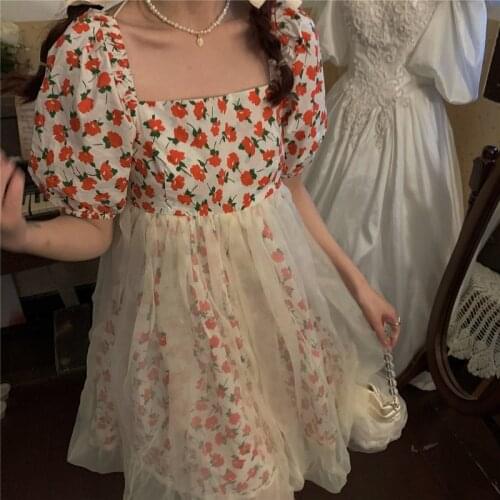 Bella 2021 Summer Kawaii Floral Dress Women Vintage Sweet Cute Fairy Printed Dress Japanese Pretty Princess Puff Sleeve Dress