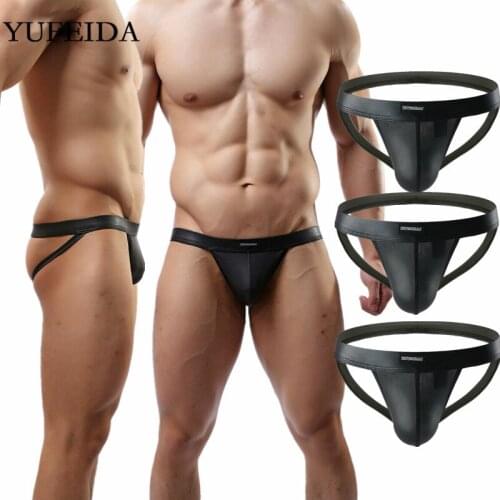 3PCS/Lot Sexy Mens Thongs Underwear G-string PU Leather Low-Rise Underpants Jockstrap Open Butt Male Sissy Panties Bulge Pouch