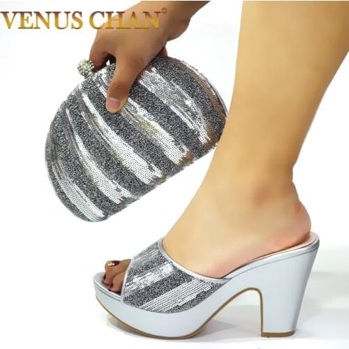 Silver Color African Women Shoes and Bag to Match Italian Design with Shinning Crysta Matching Shoes and Bag Set for Royal Party