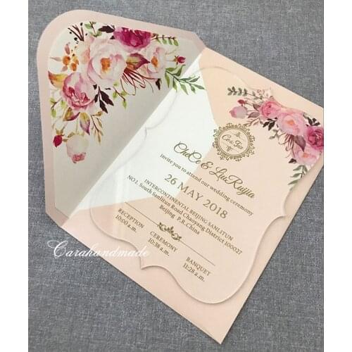 Floral acrylic wedding invitation customized fancy shape with match envelope liner,50pcs