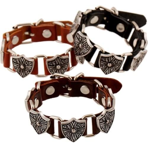 Fashion Vintage Retro Women Men Genuine Leather Cuff Bracelet Alloy Shield Charm Adjustable Chain Wristbands Wrap Bangle Jewelry