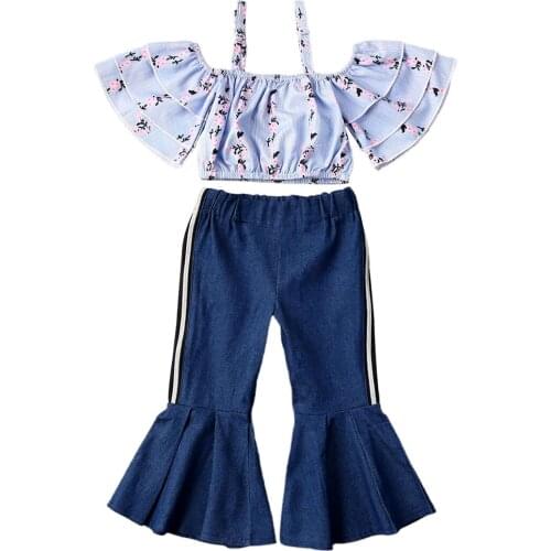 1-6T Infant Kids Baby Girls 2Pcs Clothes Off Shoulder Ruffled Sleeve Shirts Flare Denim Pants Fashion Summer Outfits