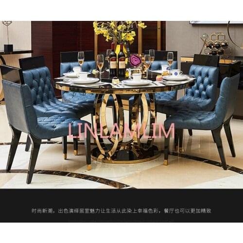 Designer unique new stainless steel golden dining room set with marble table and 6 leather chairs mesa de jantar muebles comedor