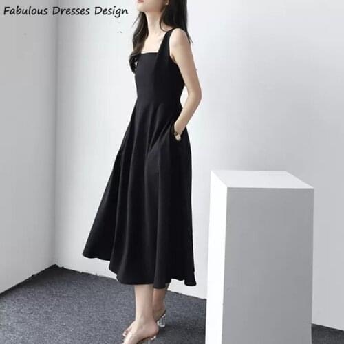 Elegant Black A Line Bridesmaid Dresses Tea Length Satin Square Collar Sleeveless Pocket Bridal Party Dress For Women Prom Gown