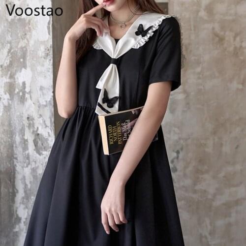 Gothic Lolita Style Dress Japanese Women Sweet Butterfly Sailor Collar Bow Ruffles JK Uniform Dresses Girl Dark Punk Party Dress