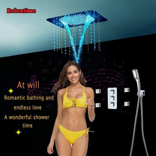 Crystal Pendant Bluetooth Music Shower System Bathroom LED Ceiling Shower Head Concealed Thermostatic er Faucet Set Massage jets