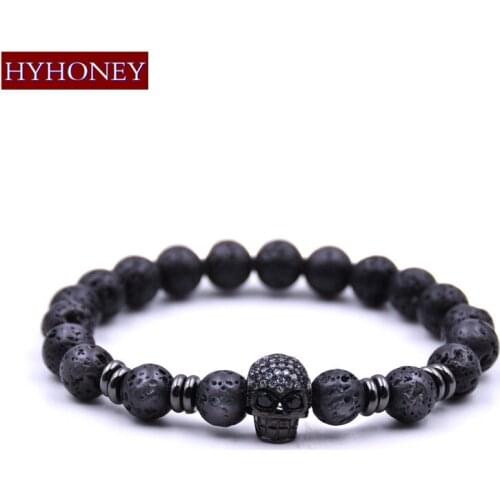HYHONEY Micro Pave CZ Zirconia Skull Bracelet Men 8MM Lava Natural Stone Bracelets & Bangles Men jewelry Gifts pulseras