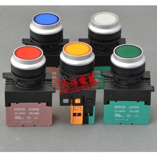 [ SA ]Imports EMA illuminated pushbutton 22mm latching E2P5 *. A/M LED DC6V/12V/24V/AC110/220V 1NO or 1NC--10PCS/LOT