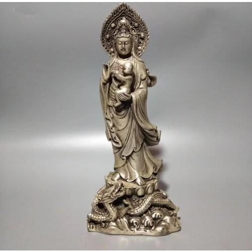 Collection Tibet Silver Handmade Carved Guanyin Kwan-yin Bodhisattva Send Children Buddha Statue Home Decoration