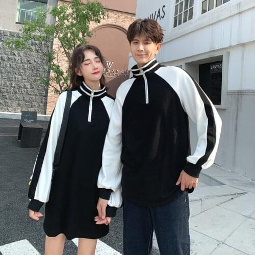 Korean Couple Matching Clothes College School Pair Lovers Women Men Black White Loose Hoodie Dress Sweatshirt Outfit Wear Set