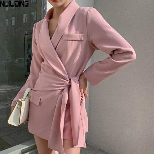 Korea Retro Long Sleeve Lace Up Blazers Suits 2021 Spring Summer Jackets And Shorts Two Piece Shorts Set Office Ldy Clothing New