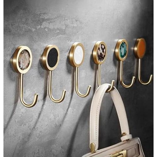 Brass Bathroom Hook Brushed Gold Hook Punch Free Natural Marble Hanging , Wall Kitchen Towel Hooks Robe and Coat Sticky Hangers
