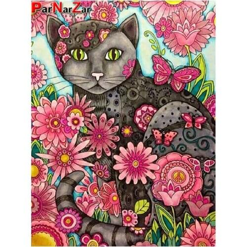 ParNarZar DIY 5D Diamond Painting Full Drilling Kit Cat and Flowers Rhinestone Crystal Arts Crafts for Wal Decoration