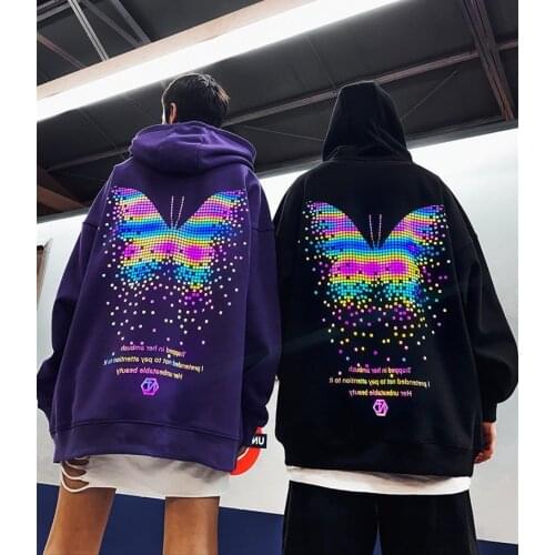 2021 new autumn and winter plus velvet thick hoodies mens reflective hooded loose student Ulzzang Harajuku kpop couple clothes