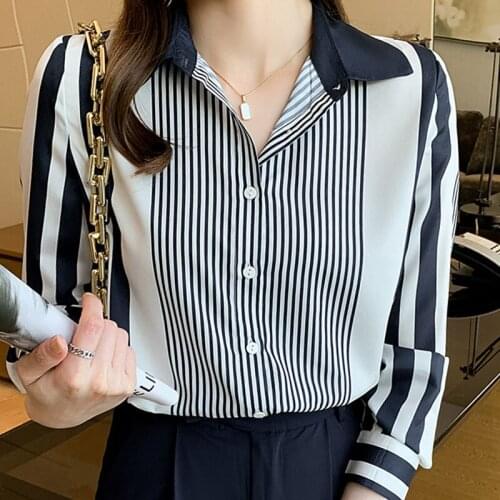 Autumn Long Sleeve Blouse Womem Turn Down Collar Striped Chiffon Blouse Shirt Tops Blusas Mujer De Moda 2021 Blouses Shirts F118