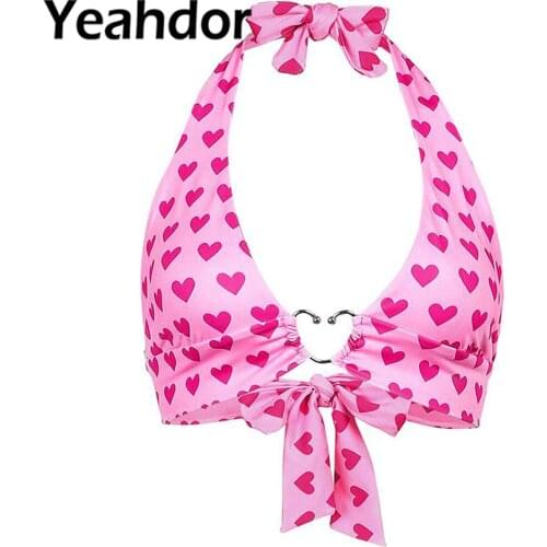 Swimwear for Women Heart Printed V Neck Crop Top Swim Tops Backless Camisole Halter Neck Lace-up Vest Tops Swimsuit Beachwear