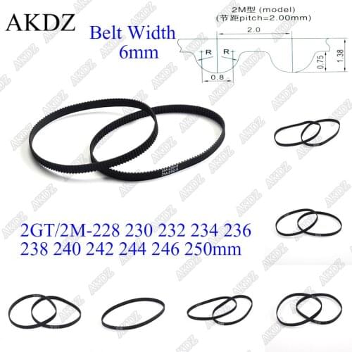 2MGT 2M 2GT Synchronous Timing belt Pitch length 228 230 232 234 236 238 240 242 244 246 250 width 6mm Rubber closed