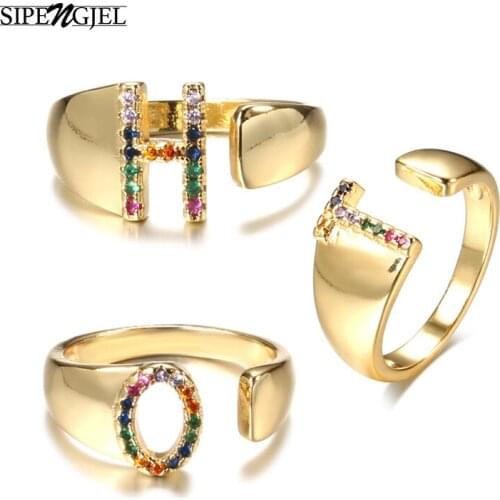 Fashion Cubic Zircon Initial Letter Rings Simple Geometric Punk Large Gold Rainbow Open Name Rings For Women Jewelry 2020