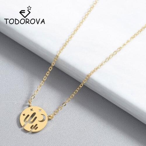 Todorova Round Desert Night Charm Necklace Rose Gold Sky Crescent Moon Star Cactus Pendant Necklaces for Women Dainty Jewelry