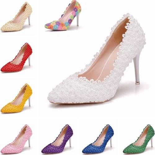 Crystal Queen Women White Lace Wedding Shoes 9CM Thin High Heel Beige Flower Pumps Princess Party Birthday Heels