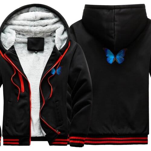 Butterfly Print Keep Warm Mens Raglan Thicken Jackets Long Sleeve Pocket Hooded Korean Style Tracksuits Streetwear Fashion Homme