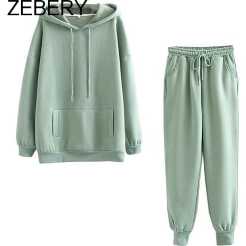 ZEBERY Women Hoodies Autumn Winter Thick Fleece 100% Cotton Suit 2 Pieces Sets Hoodies Sweatshirt And Pants Suits