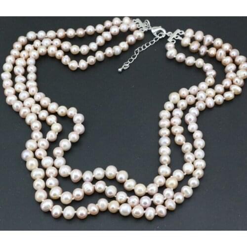 3 Rows Necklace Natural Freshwater Pearl 7-8mm 3 Colors Round Beads For Women Jewelry Fashion Chains Prom Gifts 17-19" B3457